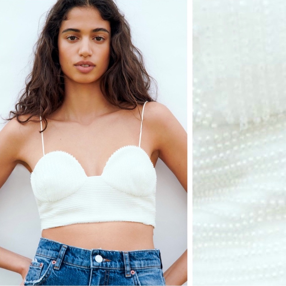 Zara Oyster White Beaded Crop Top